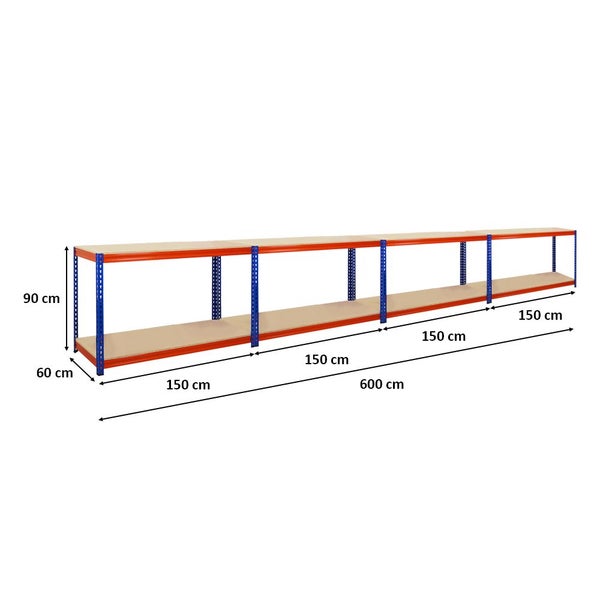 PROREGAL Mega Deal 4x Profi Werkbank STRONG BEAST, HxBxT 90x150x60cm mit Fachlast 500kg, 2 Ebenen, Blau-Orange
