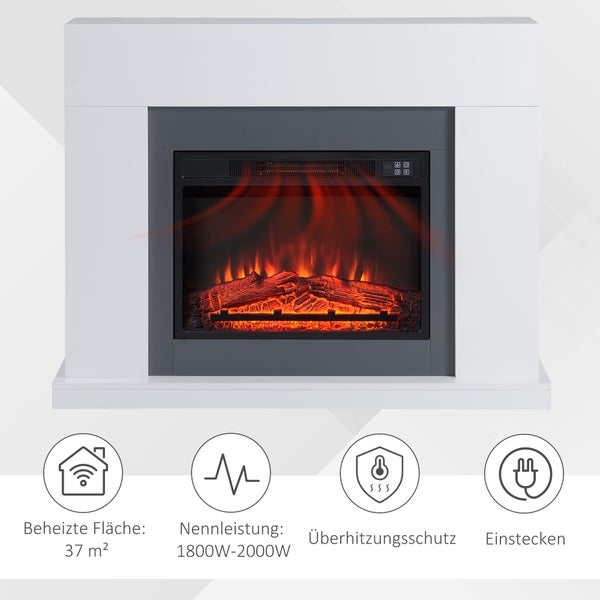Weißer Elektrokamin mit Flammeneffekt. Symbole für 37 Quadratmeter Heizfläche, 1800 bis 2000 Watt, Überhitzungsschutz und Netzstecker.