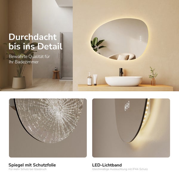 Organisch geformter Badezimmerspiegel mit LED Beleuchtung und Schutzfolie zur Splittersicherung sowie IP44 Schutz gegen Spritzwasser.