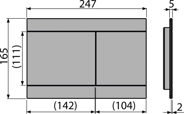 Technische Zeichnung einer Betätigungsplatte für WCs mit Maßen: Breite 247 Millimeter, Höhe 165 Millimeter und Tiefe 5 Millimeter.