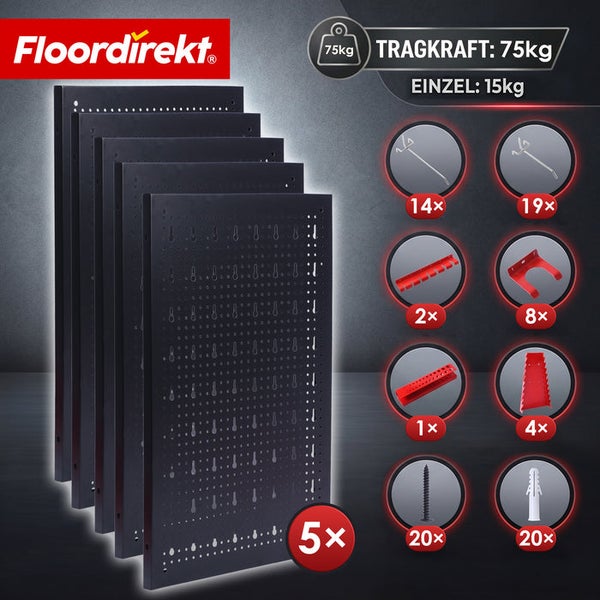 Floordirekt Logo, Set aus 5 Lochwänden für Werkzeug, Tragkraft 75 Kilogramm, inklusive Zubehörset mit Haken, Haltern, Schrauben und Dübeln.