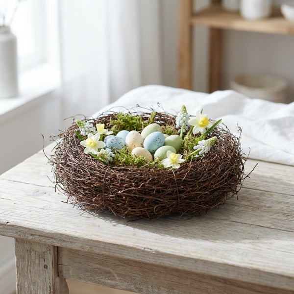 Osternest aus Zweigen mit gesprenkelten Ostereiern und Frühlingsblumen auf einem Holztisch dekoriert