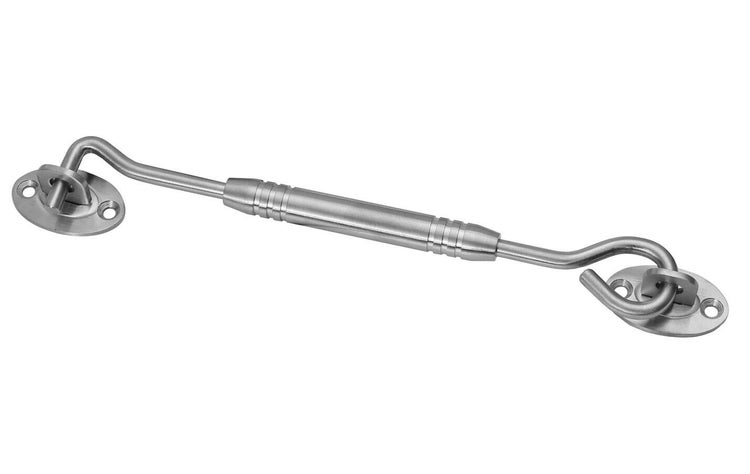 Sturmhaken aus Metall mit zwei Befestigungsplatten für Türen und Fenster.