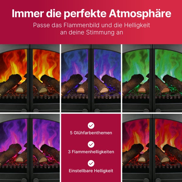 Elektrischer Kamin mit fünf verschiedenen Flammenfarben und drei einstellbaren Helligkeitsstufen.