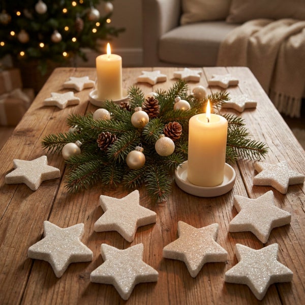 Weihnachtliche Tischdekoration mit Tannenzweigen, Zapfen, Kugeln und glitzernden Sternen auf einem Holztisch mit brennenden Stumpenkerzen.