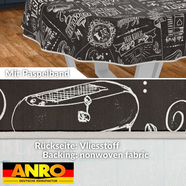 Tischdecke mit Kaffeehaus-Motiv und Paspelband sowie Vliesstoff-Rückseite