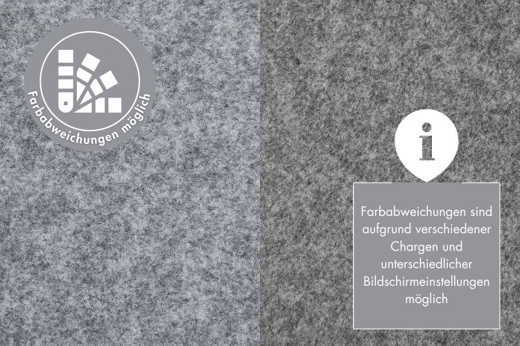 Hinweis auf mögliche Farbabweichungen bei Teppichmaterial durch unterschiedliche Chargen und Bildschirmeinstellungen.