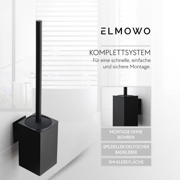 Wandmontierte Toilettenbürstengarnitur von ELMOWO mit quadratischem Halter und Stiel zur Montage ohne Bohren mit Klebesystem im Badezimmer
