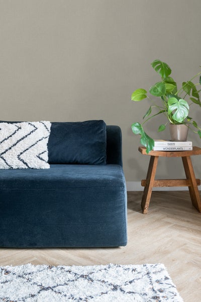 Nahaufnahme eines Wohnzimmers mit Sofa, Beistelltisch, Zimmerpflanze und Teppich