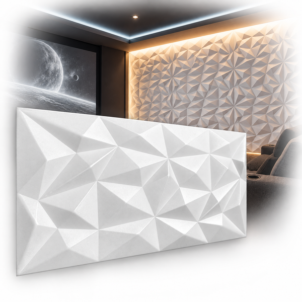 Wandpaneel mit geometrischem Dreiecksmuster zur dekorativen Wandgestaltung in einem modern eingerichteten Heimkino.