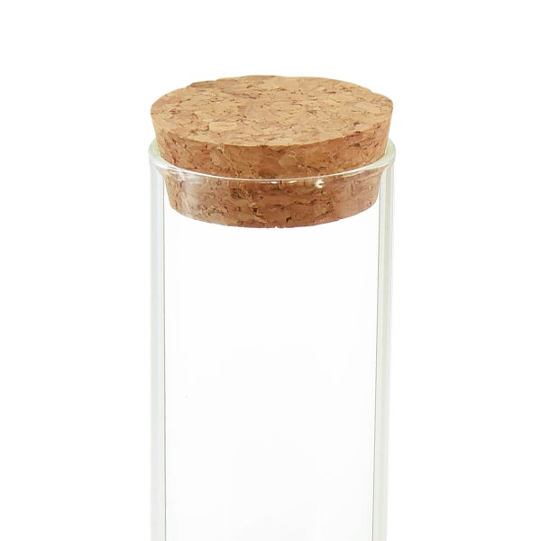 Transparentes Glasröhrchen mit einem passenden Verschluss aus Naturkork.