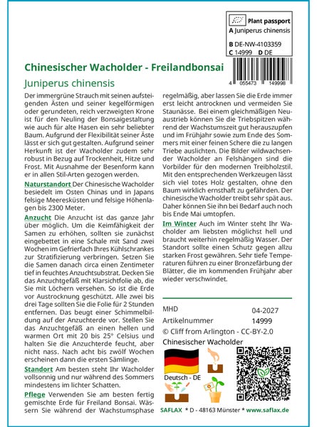 SAFLAX Garden in the bag - Chinesischer Wacholder - Juniperus chinensis - 30 Samen - Mit Anzuchtsubstrat im praktischen, selbst aufstellenden Beutel