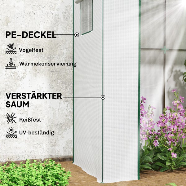 Detail eines weißen Polyethylen-Gewächshauses mit verstärktem Saum: vogelfest, wärmeisolierend, reißfest und ultraviolettbeständig.