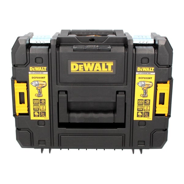 DeWALT Werkzeugkoffer T-STAK für Akku-Schlagschrauber DCF899NT mit DeWALT Logo und Leistungsangaben von 18 Volt und 950 Newtonmeter maximal.