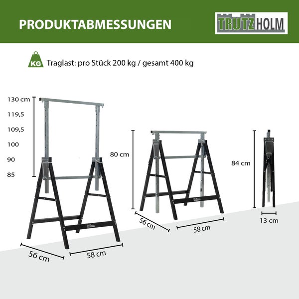 Produktabbildung eines Klappgerüsts mit Maßangaben und TrutzHolm Logo