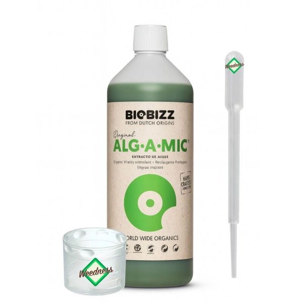 Biobizz Alg-A-Mic organischer Algenextrakt Pflanzenstimulanz in einer Flasche mit Messbecher und Pipette.