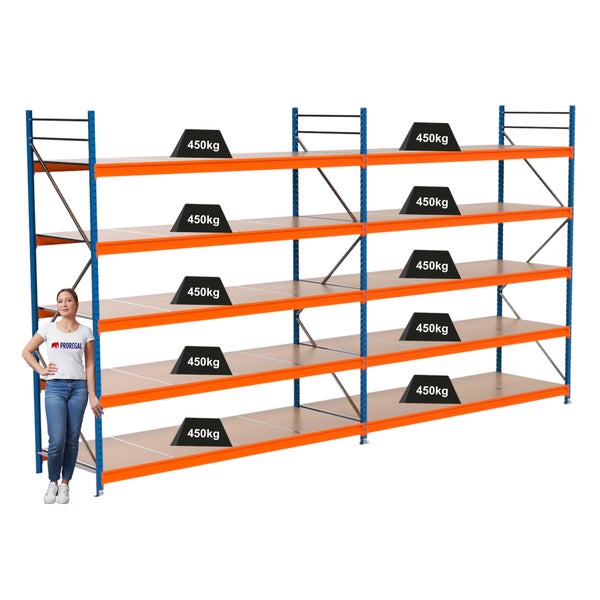 Regal mit mehreren Ebenen und einer Traglast von 450 Kilogramm pro Ebene.