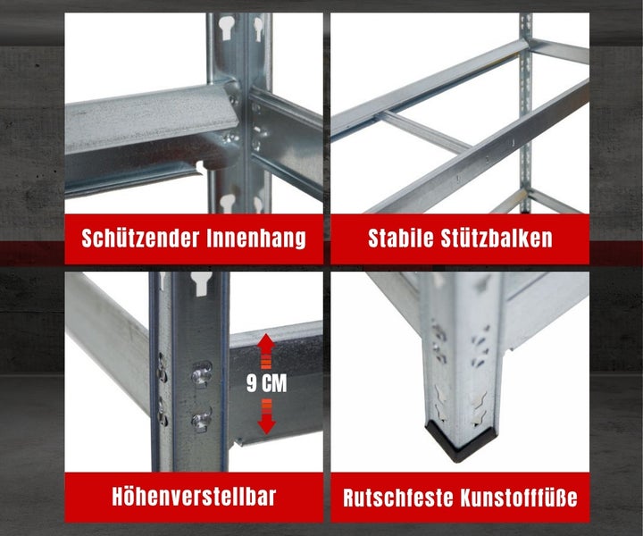 Details eines Metallregals: schützender Innenhang, stabile Stützbalken, in 9 Zentimeter Schritten höhenverstellbar, rutschfeste Kunststofffüße.