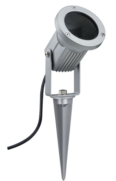 LED Erdspießstrahler für die Gartenbeleuchtung mit verstellbarem Leuchtenkopf und Stromkabel.