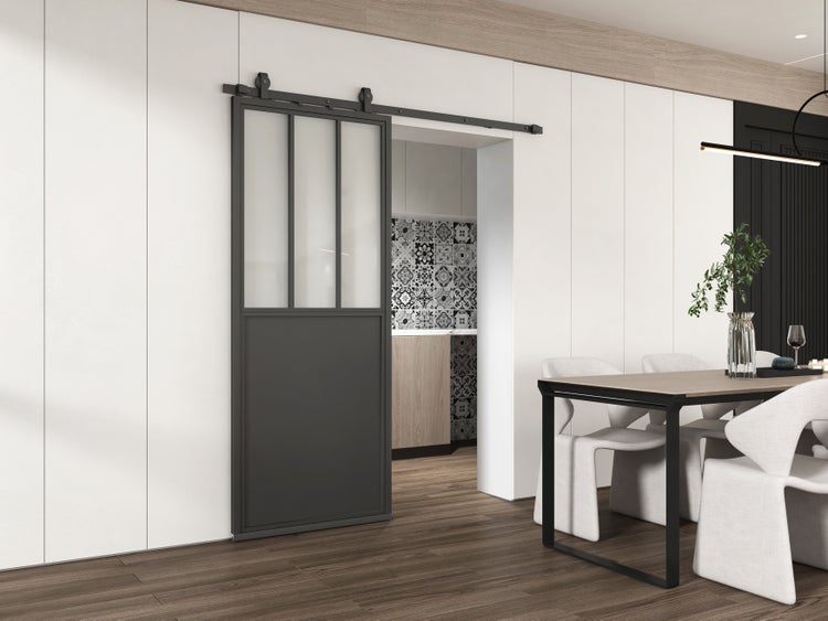 Loftschiebetür Komplettset 900x2150mm aus Stahl in schwarz mit Glaseinsatz