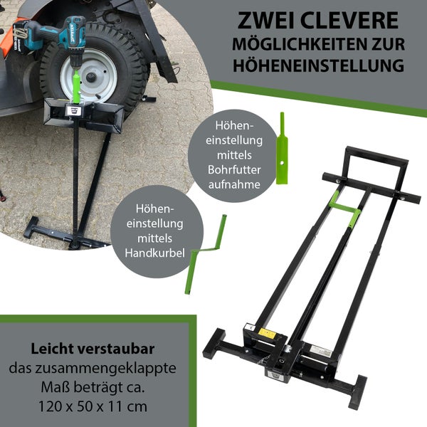 Wagenheber für Aufsitzmäher mit zwei Höhenverstellungsmöglichkeiten und kompaktem Klappmaß für einfache Lagerung.