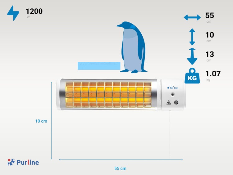 Purline Infrarot Heizstrahler mit den Maßen 55 x 10 x 13 cm, 1200 Watt und 1,07 kg Gewicht