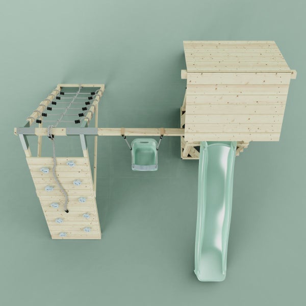 Spielturm mit Kletterwand, Schaukel und Rutsche