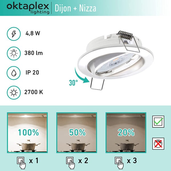 Oktaplex Lighting 6er Set LED Spot Dijon - 3 Stufen dimmbar - Schwenkbar - 4,8W 3000K 230V 380lm Warmweiß 110° - LED Einbaustrahler Weiß Lochmaß 68mm