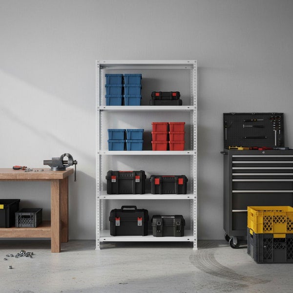 Organisierte Werkstatt mit weißem Metallregal, Boxen und Werkzeugkoffern. Daneben stehen eine hölzerne Werkbank und ein grauer Werkstattwagen.