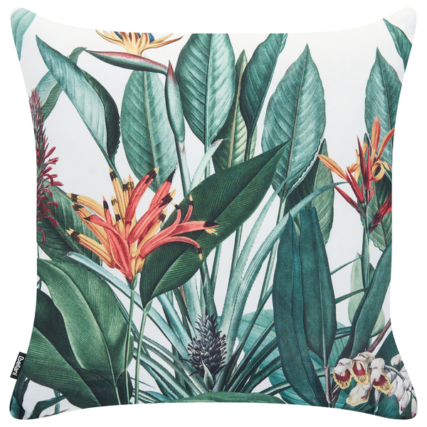 Quadratisches Zierkissen mit tropischem Blatt- und Blumenmuster in dekorativem Design für Wohnräume
