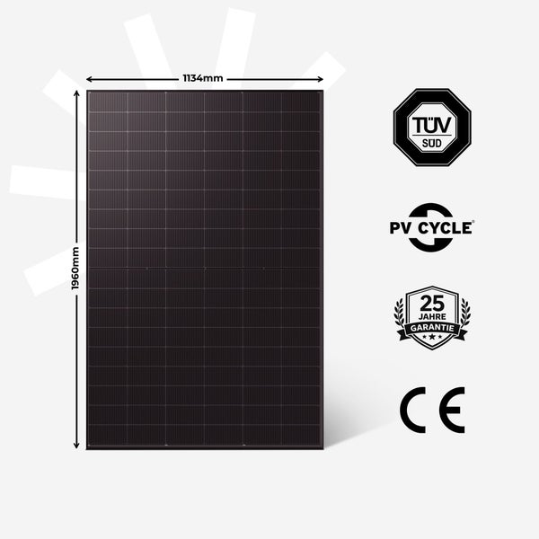 Schwarzes Solarmodul, 1960 Millimeter mal 1134 Millimeter, TÜV SÜD Siegel, PV CYCLE Logo, 25 Jahre Garantie, CE Kennzeichnung.