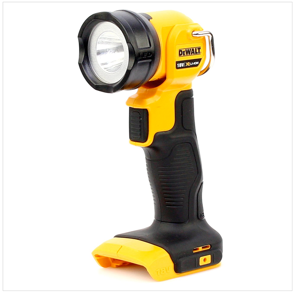 DeWalt 18 Volt LED Akku-Arbeitsleuchte mit schwenkbarem Kopf und schwarzem Softgriff.