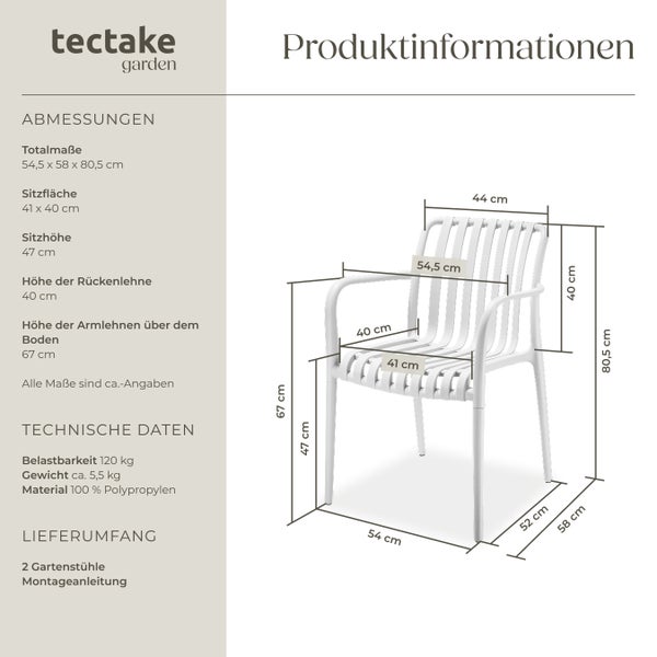 Gartenstühle tectake Alcudia 54,5 x 58 x 80,5 cm, Belastbarkeit 120 kg wetterfest und UV-beständig weiß