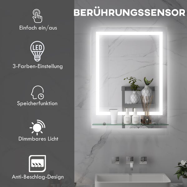kleankin Badspiegel mit Beleuchtung 70 x 50 cm Rechteckiger Wandspiegel LED Spiegel mit Touchschalter, Memory-Funktion Lichtspiegel Beschlagfrei mit 3 Lichtfarben Transparent