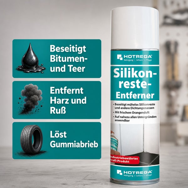 Hotrega Silikonreste-Entferner Spray zur Entfernung von Silikon, Bitumen, Teer, Harz, Ruß und Gummiabrieb.