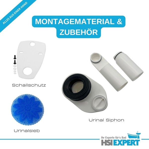 Montagematerial und Zubehör für Urinale, inklusive Schallschutz, Siphon und Urinalsieb