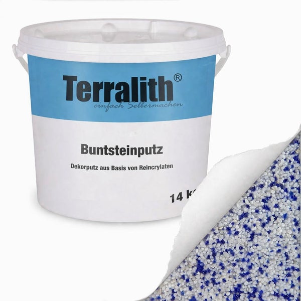 Terralith Buntsteinputz 14 Kilogramm, Dekorputz auf Basis von Reinacrylaten mit blau-weißer Körnung.