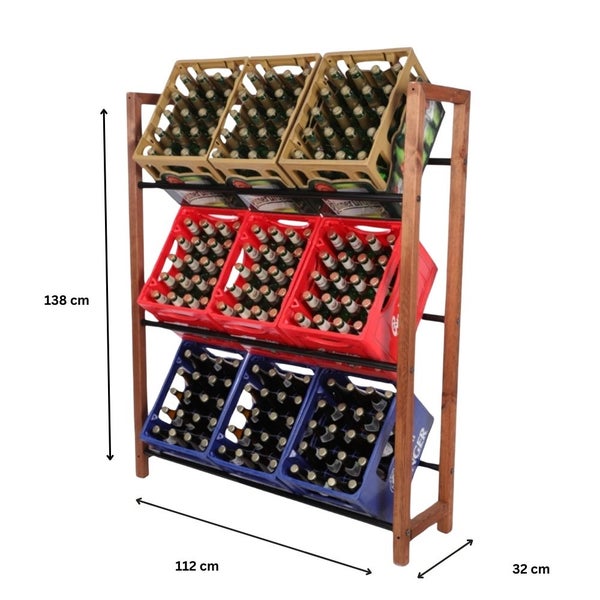 PROREGAL Getränkekistenregal HUNSRÜCK HxBxT 138x112x32cm 9 Kisten auf 3 Ebenen Massives Kiefernholz Braun geölt