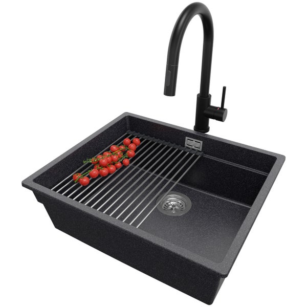 PRIMAGRAN Granitspüle Anthrazit 56x47cm, Spülbecken 1 Becken + Küchenarmatur 40x20cm + Ablauf-Set + Aufrollbare Abtropffläche, Küchenspüle ab 60er Unterschrank - Praga Slim
