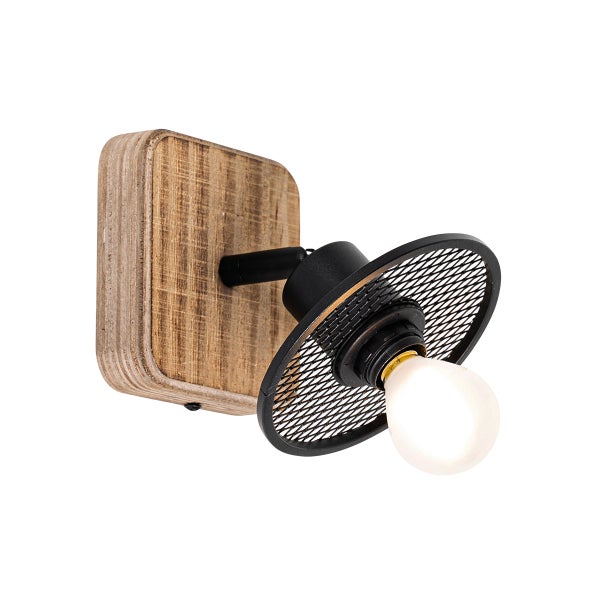 Wandleuchte mit Holzsockel und Lampenschirm aus Metallgitter