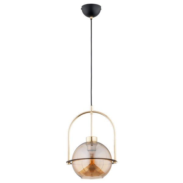 Moderne Hängeleuchte mit einer Glaskugel in einem halbkreisförmigen Metallrahmen an einer Aufhängung zur Deckenmontage