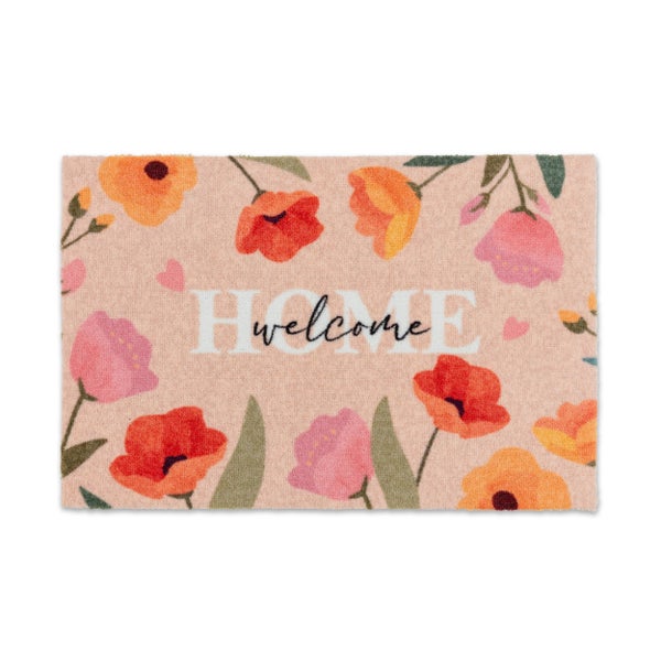 Rechteckige Fußmatte mit Blumenmuster und dem Schriftzug HOME welcome