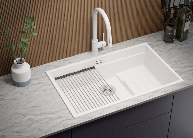 PRIMAGRAN Spülbecken Alles Weiß 76x47cm, Granitspüle 1 Becken + Ablauf-Set + Aufrollbare Abtropffläche, Küchenspüle ab 80er Unterschrank - Praga Slim