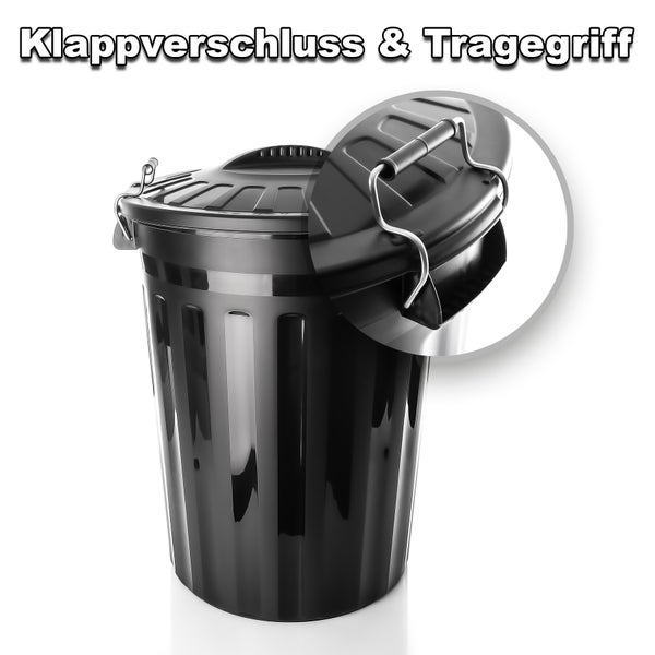 BigDean wetterfeste Universaltonne mit Deckel Schwarz und 2 Tragegriffen + Clip Verschluss auch als Mülltonne – Regentonne und Futtertonne geeignet für Indoor + Outdoor geeignet - Made in Europe