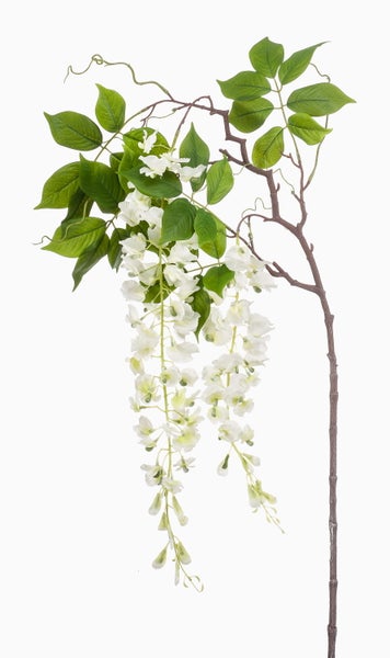 Nahaufnahme eines künstlichen Zweigs mit grünen Blättern und braunem Stiel.