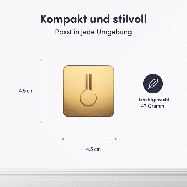 Goldfarbener quadratischer Wandhaken, Abmessungen 4,5 mal 4,5 Zentimeter, Gewicht 47 Gramm, leichtes Design.