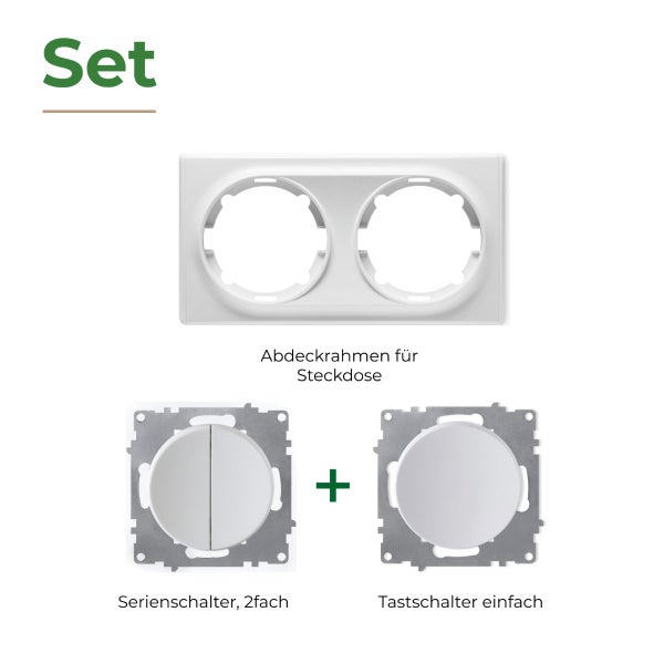 Set bestehend aus zweifachem Abdeckrahmen, Serienschalter und einfachem Tastschalter für Unterputzinstallation.