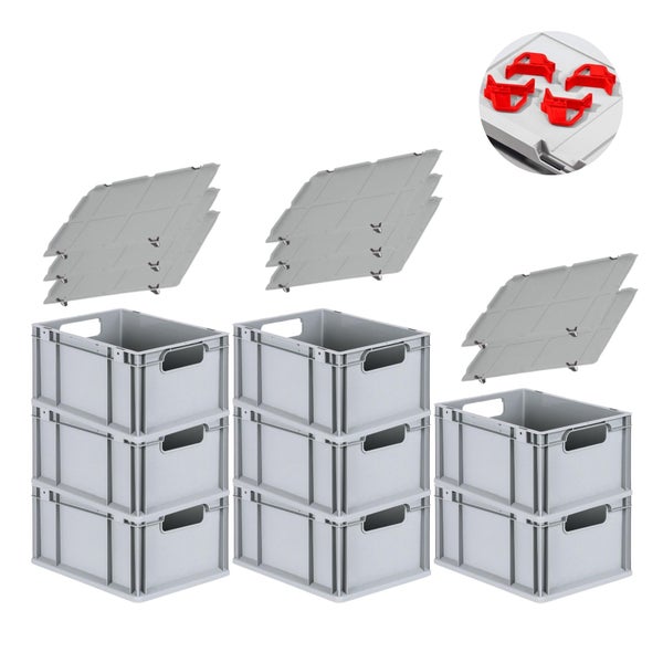 PROREGAL Spar Set 8x Eurobox Nextgen Economy Mit Auflagedeckel & 4x Schiebeschnappverschlüsse Rot Griffe Offen HxBxT 22 x 30 x 40 cm 20 Liter