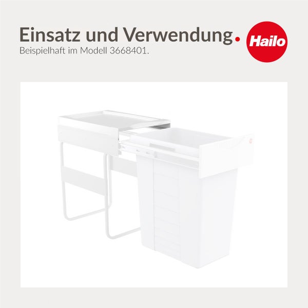 Hailo Logo, Anwendung und Einsatz eines ausziehbaren Abfalltrennsystems für Unterschränke.
