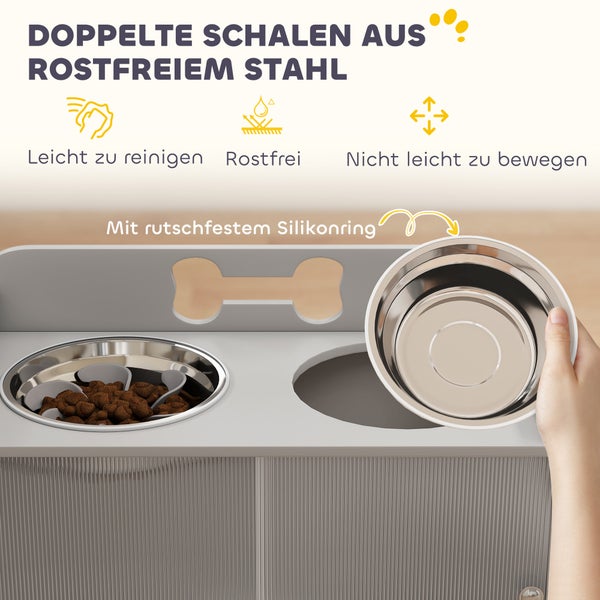 Hunde-Futterstation mit zwei Edelstahlnäpfen, leicht zu reinigen, rostfrei, rutschfest durch Silikonring, mit Knochen-Aussparung.